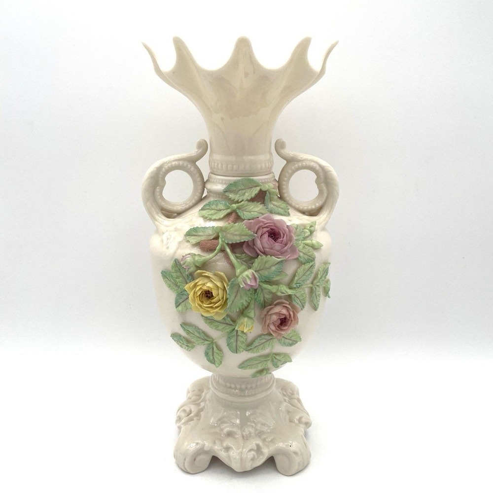 Belleek Ireland Parian China Vase Encrusted 3D Floral Roses 12.5" Tall Vintage